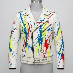 Custom Mens Cowhide Hair On Leather Biker <b>Jacket</b> Wholesale Paint Splatter White Streetwear Moto Outerwear Supplier Manufacturer - Product Image 1