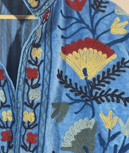 Sky Blue Velvet Woven Embroidered Floral Mandarin Collar Full Sleeve Women's Outerwear Boho Winter Jacket Cotton Lining <b>Gift</b> Her - Product Image 2