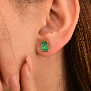 3 Carat <b>Emerald</b> Solitaire <b>Stud</b> <b>Earrings</b> in 18K White Gold for Party - Product Image 1