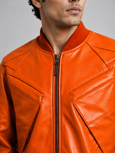 Veste décontractée pour homme en cuir véritable, coupe ajustée, logo sur le devant, couleur unie, avec poches, pour l'automne - Product Image 6