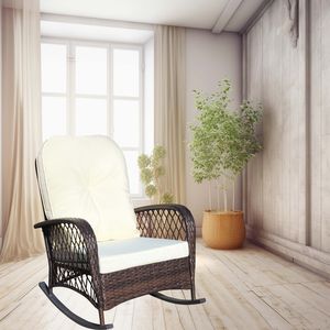 Sedia a dondolo da esterno in vimini e rattan con telaio in acciaio ad alta capacità di carico, cuscino morbido e seduta ampia per patio - Product Image 4