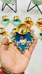 Pichwai Kamdhenu Cow & Calf Brass Diya with Peepal <b>Leaf</b> Base Handcrafted Decorative Oil Lamp for Home Decor Puja Room - Product Image 2