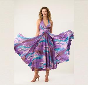 เดรสแม็กซี่เดรสคอเชือกผูกสำหรับผู้หญิงพร้อมดีไซน์สม็อคด้านหลังพิมพ์ลายเดรสยาวชายหาดฤดูร้อนแบบพลิ้วไหวคละสี - Product Image 1