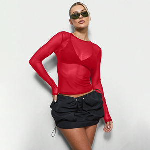 Camiseta deportiva de malla transpirable de manga larga para mujer, ajustada, con patrón sólido, de poliéster - Product Image 1