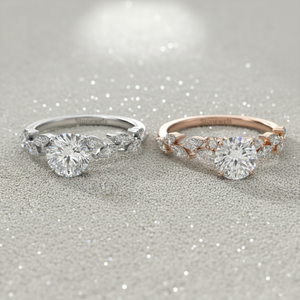 Anillo de Compromiso con Diamante Cultivado en Laboratorio, Chapado en Oro Rosa, Corte Redondo, Diamante Central, Piedras Laterales en Forma de Hoja Marquise, Anillo de Novia de Oro de 14K - Product Image 4