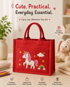 Cute Cartoon Unicorn Woven Jute Shopping Bag Red <b>Magnetic</b> Snap Closure Medium Size Daily Use - Product Image 1
