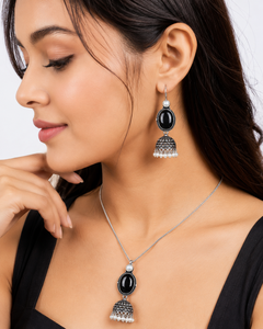 Oxidized <b>Silver</b> Monalisa Stone Chandelier <b>Earrings</b> | Imitation Pearl Vintage Ethnic Brass <b>Earrings</b> for Women | Handmade Indian - Product Image 2