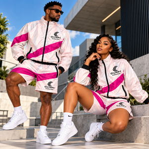 Unisex pink <b>white</b> <b>tracksuit</b> set pink sportswear set <b>white</b> color blocking sporty jacket shorts quick dry summer wear outfit - Product Image 5