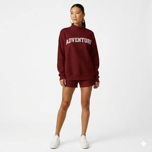 Ensemble sweat-shirt et short pour femme, noir uni, imprimé texte « CUSTOM », col montant, coupe ample, manches longues, style décontracté, streetwear, vêtements de sport - Product Image 5