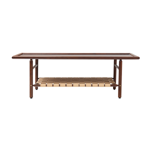 Mesa de Centro Moderna de Estilo Mid-Century, Fabricada en Madera de Teca Sólida con Estante de Almacenamiento de Cuero PU Tejido, Rectangular, para Sala de Estar - Product Image 1