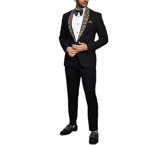 Costume brodé à bordure croisée imprimé or mariage 3 pièces noir simple et double boutonnage pour hommes col Mandarin smoking costumes de bal