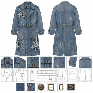 Gabardina de mezclilla con estampado de grafiti y efecto desgastado para hombre, azul medio, larga, con cinturón, estilo Duster, ropa de calle, prenda exterior - Product Image 6