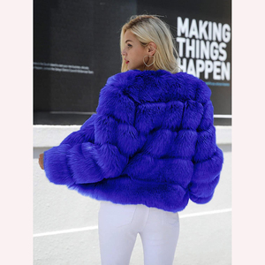 Chaqueta de Piel Sintética Azul para Mujer, Gruesa, Corta, con Cuello Redondo, Diseño Sólido y Ecológico, Estilo Patchwork - Product Image 4