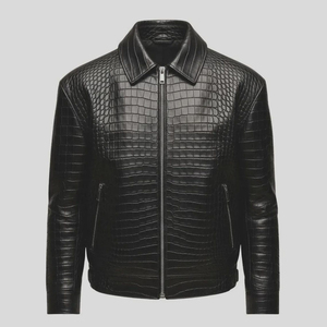 Chaqueta de Motociclista Casual para Hombre HARAZ INTERNATIONAL, de Cuero Vacuno Negro Repujado Estilo Vintage, Resistente al Viento, con Logotipo Frontal y Cuello Plegable - Product Image 1