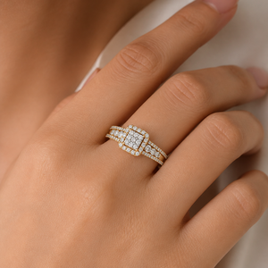 <b>Vintage</b> Square Halo Lab Grown Diamond Cluster <b>Ring</b> Multi-Row Bezel Set Rhodium Plated 14KT Yellow <b>Gold</b> IGI Certified <b>Ring</b> - Product Image 3