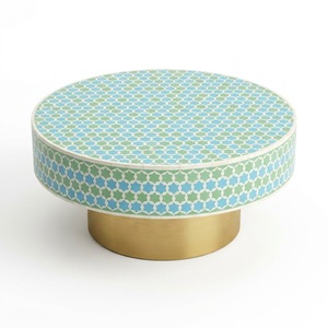 Table basse moderne ronde en os incrusté avec base cylindrique en laiton, motif mosaïque fait main de luxe, table centrale pour salon à prix abordable - Product Image 2