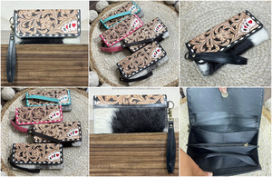 Nouvelles pochettes pour femmes en cuir de vache véritable, faites à la main, style western, avec motifs floraux et de cartes à jouer en relief, ODM OEM - Product Image 3