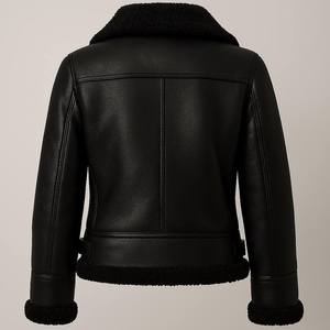 Women's Genuine Leather Bomber Jacket With Fur Lining <b>Zipper</b> Closure Winter Warm <b>Coat</b> Full Sleeve Solid Color New Style - Product Image 2