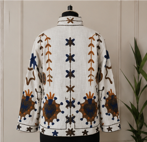 Traditional Suzani Embroidered Cotton <b>Jacket</b> Rust Navy <b>Star</b> Urns Motif Geometric Boho Coat Jaipuri Handmade Artisan Festival - Product Image 2