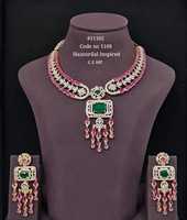 Parure de bijoux de luxe en laiton plaqué platine avec collier ras-du-cou et zircon cubique, vert rose, pour fiançailles, mariage, fête, mariée - Modèle 1109
