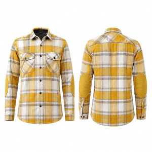 Men's Yellow Plaid Flannel <b>Shirt</b> Full Sleeve Workwear Style Casual <b>Shirt</b> with Arm Pads Turn-down Collar Autumn Wear - Product Image 1