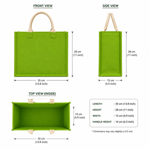 Sac de courses en toile de jute verte avec broderie 35x28x15cm avec poignée supérieure pour le rangement - Product Image 2