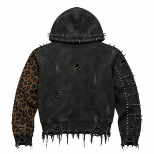 Veste à capuche en jean noir vieilli personnalisée avec manches imprimées léopard, clous et liseré à franges déchirées - Product Image 3