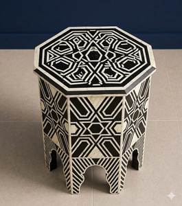 Mesa de Noche Moderna para Dormitorio con Incrustaciones Geométricas Negras, Mueble Decorativo de Madera para el Hogar - Product Image 3