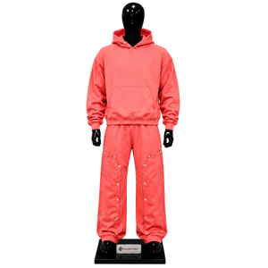 Conjunto de Sudadera con Capucha Oversize Rosa Coral para Hombre, Estilo Urbano Personalizado, Sudadera Tipo Pullover y Pantalones de Pierna Ancha con Botones a Presión, Venta al por Mayor - Product Image 1