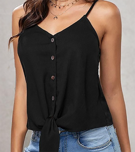 Women's <b>Black</b> V-Neck <b>Knitted</b> <b>Tank</b> <b>Top</b> With Button Front And Knot Detail Casual Style - Product Image 1