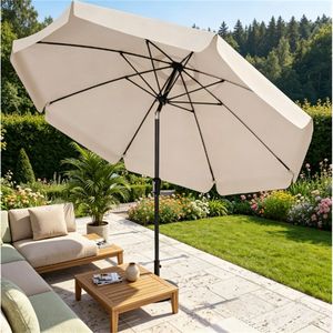 Parasol de terrasse beige de 3 m à bords festonnés avec auvent ventilé, manivelle de levage, bouton d'inclinaison, baleines en fibre de verre et base en granit - Product Image 2