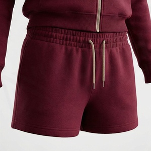 Women's 2 Piece Fleece Hooded Zip-Up Sweatshirt and Shorts Set Solid <b>Maroon</b> Casual All Seasons Wear - Product Image 5