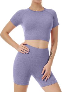 Ensemble de vêtements de sport pour femmes en tricot, haut court à manches courtes, short au-dessus du genou, couleur unie, respirant, sportif, pour la gym et le yoga - Product Image 3
