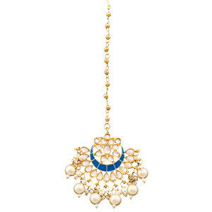 Joyería étnica Kundan Tikka, colgante de perlas con esmalte azul chapado en oro, accesorio para el cabello hecho a mano para bodas - Product Image 3