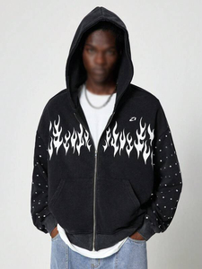 Flame Graphic Zip Hoodie Cotton Fleece Oversized Streetwear Rhinestone Sleeve Detail Hoodies for Men Private Label OEM - Product Image 2