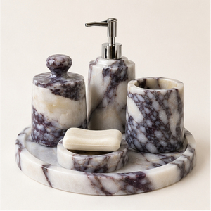 Ensemble d'accessoires de salle de bain en marbre naturel de luxe, ensemble en pierre artisanal avec distributeur de savon, plateau et pot pour la décoration moderne des hôtels et des maisons - Product Image 3