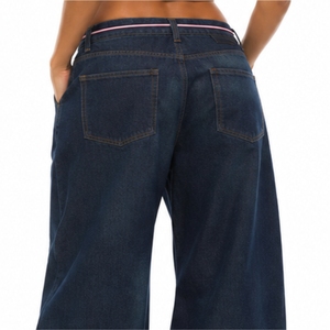 Jean en denim à jambe large pour femme, taille haute, tissu doux, coupe ample, avec lacets roses contrastants, style décontracté, tissu doux et confortable - Product Image 5