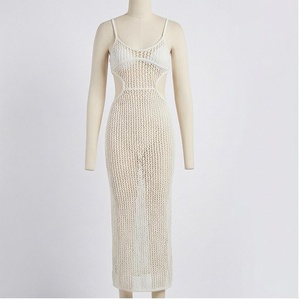 <b>White</b> Knitted Hollow Out Spandex Nylon Midi Dress With Scoop Neck And Side Cutouts For Women - Product Image 1