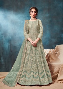 ชุดอานาร์กาลีผ้าตาข่ายปักลายแบบกึ่งสำเร็จรูป สไตล์โมเดิร์น สำหรับงานแต่งงาน งานดิวาลี และงานปาร์ตี้ - ความยาวระดับพื้น ทรงปกติ - Product Image 5