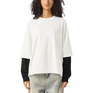 Custom Women Layered T Shirt Heavyweight Cotton Oversized Drop Shoulder <b>White</b> Long Sleeve Streetwear <b>Tee</b> - Product Image 1