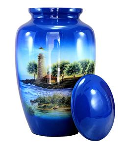 Urne funéraire artisanale en métal avec détails bleus symbolisant l'amour éternel, la paix et les connexions spirituelles - Product Image 1