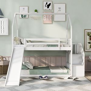 Letto a castello bianco a due piazze con scivolo convertibile e scala contenitore per bambini - Product Image 2