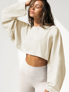 Top Corto Casual de Manga Larga con Cuello Redondo para Mujer, Tejido de Poliéster Transpirable, Corte Holgado, Otoño/Invierno - Product Image 1