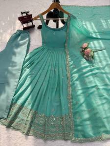 Teal Embroidered Ankle-Length <b>Kurta</b> Set With Dupatta <b>Women</b> Traditional Ethnic Indian Pakistani Wedding Wear - Product Image 3