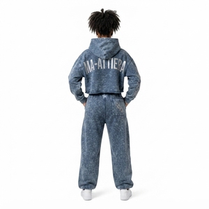 Custom <b>Women</b> Acid Wash Blue Gray Cropped Hoodie <b>Jogger</b> Set Cotton <b>Fleece</b> Streetwear Tracksuit OEM Wholesale - Product Image 2