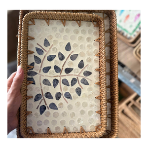 Handmade Decorative Rattan <b>Tray</b> With Mother Of Pearl For Fruit Bread <b>Snacks</b> And Stylish Home Interior Display - Product Image 1