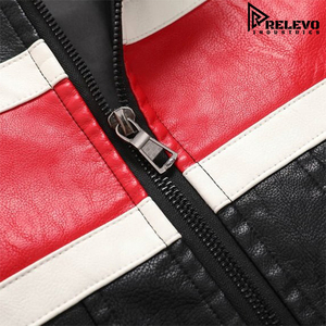 <b>Men</b> Black Leatherette Racing <b>Jacket</b> with Red and <b>White</b> Stripes, Casual Zip Up Biker Coat with Stand Collar and Buckle Detail - Product Image 3
