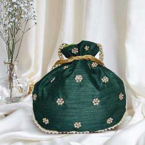 Handmade Synthetic Brocade Silk Round Potli <b>Purse</b> with Cotton Floral Embroidery and Pearl Beading for Wedding Decoration - Product Image 3