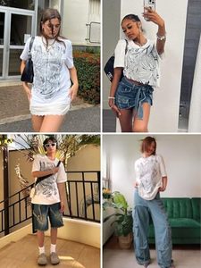 เสื้อยืดโอเวอร์ไซส์สีขาวสำหรับผู้ชาย พิมพ์ลายตัวอักษรฟอยล์สีเงิน คอกลม แขนสั้น สไตล์สตรีทแวร์ ผ้าเจอร์ซีย์คอตตอน ทรงพอดีตัว - Product Image 5
