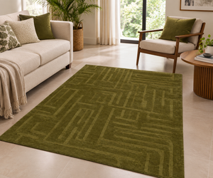 Tapis géométrique rectangulaire de haute qualité vert olive, tufté à la main en laine et acrylique, pour salon, avec envers antidérapant en latex - Product Image 1